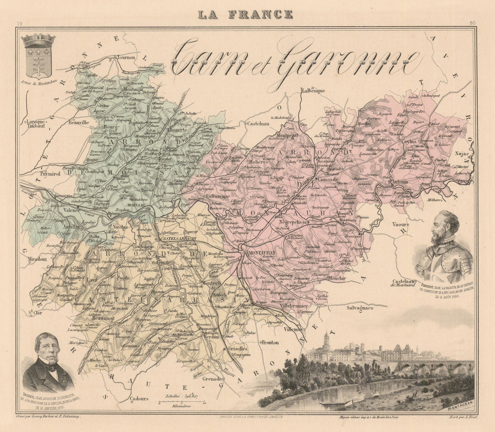 Tarn-et-Garonne département. Montauban vignette. Vuillemin 1890 old map